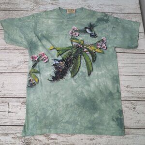 Vintage 1999 The Mountain Hummingbird Flower Green Tie Dye Shirt Size Medium